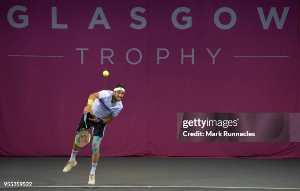 Luca Vanni of Italy in action as he takes on Lukas Lacko of Slovaki in the singles final of The Glasgow Trophy at Scotstoun Leisure Centre on May 6,...