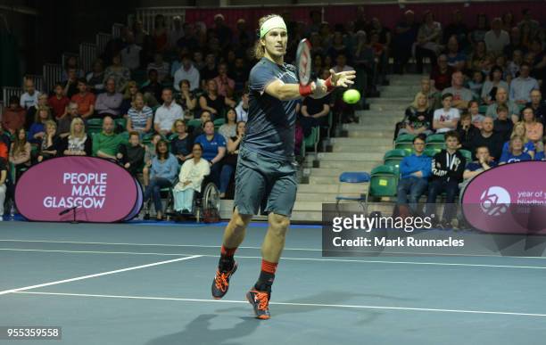 Lukas Lacko of Slovakia in action as he takes on Luca Vanni of Italy in the singles final of The Glasgow Trophy at Scotstoun Leisure Centre on May 6,...
