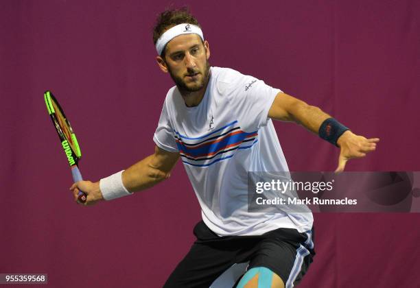 Luca Vanni of Italy in action as he takes on Lukas Lacko of Slovaki in the singles final of The Glasgow Trophy at Scotstoun Leisure Centre on May 6,...