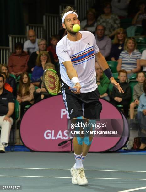 Luca Vanni of Italy in action as he takes on Lukas Lacko of Slovaki in the singles final of The Glasgow Trophy at Scotstoun Leisure Centre on May 6,...