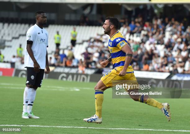 Fabio Ceravolo of Parma Calcio celebrates after scoring the opening goal during the serie B match between AC Cesena and Parma Calcio at Dino Manuzzi...