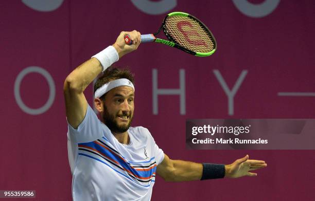 Luca Vanni of Italy in action as he takes on Lukas Lacko of Slovaki in the singles final of The Glasgow Trophy at Scotstoun Leisure Centre on May 6,...