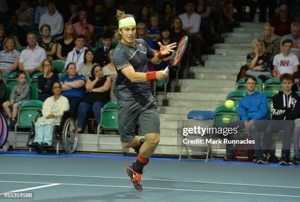 Lukas Lacko of Slovakia in action as he takes on Luca Vanni of Italy in the singles final of The Glasgow Trophy at Scotstoun Leisure Centre on May 6,...