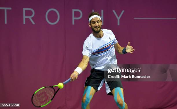 Luca Vanni of Italy in action as he takes on Lukas Lacko of Slovaki in the singles final of The Glasgow Trophy at Scotstoun Leisure Centre on May 6,...