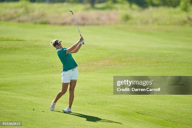 Nicole Broch Larsen of Denmark plays her second shot at the ninth hole during the continuation of the second round of the 2018 Volunteers of America...