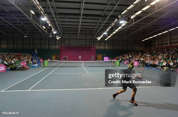 Lukas Lacko of Slovakia and Luca Vanni of Italy in action during the singles final of The Glasgow Trophy at Scotstoun Leisure Centre on May 6, 2018...