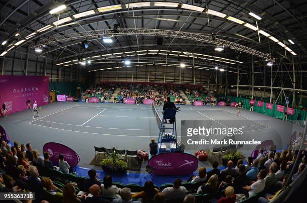Lukas Lacko of Slovakia and Luca Vanni of Italy in action during the singles final of The Glasgow Trophy at Scotstoun Leisure Centre on May 6, 2018...