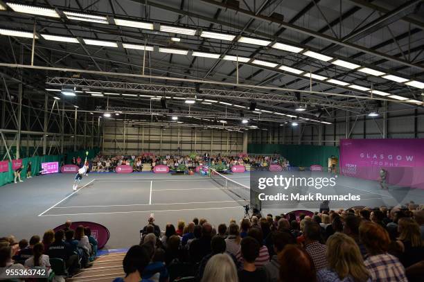 Lukas Lacko of Slovakia and Luca Vanni of Italy in action during the singles final of The Glasgow Trophy at Scotstoun Leisure Centre on May 6, 2018...