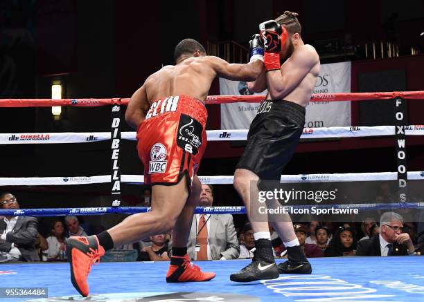 Mykquan Williams battles Orlando Felix during their WBC USNBC Silver Lightweight Championship bout on May 5, 2018 at the Foxwoods Fox Theater in...