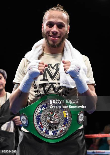 Mykquan Williams battles Orlando Felix during WBC USNBC Silver Lightweight Championship their bout on May 5, 2018 at the Foxwoods Fox Theater in...