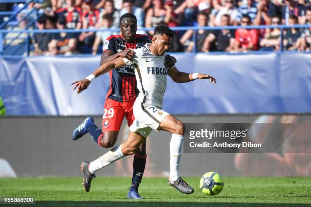 Romain Genevois of Caen and Jordi Mboula Queralt of Monaco during the Ligue 1 match between SM Caen and AS Monaco at Stade Michel D'Ornano on May 6,...