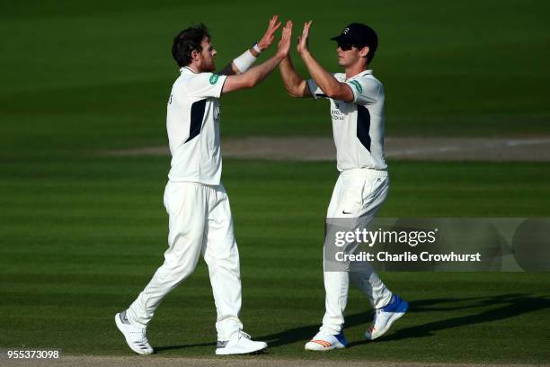 James Harris of Middlesex celebrates after taking the wicket of Phillip Salt of Sussex during day three of the Specsavers County Championship:...