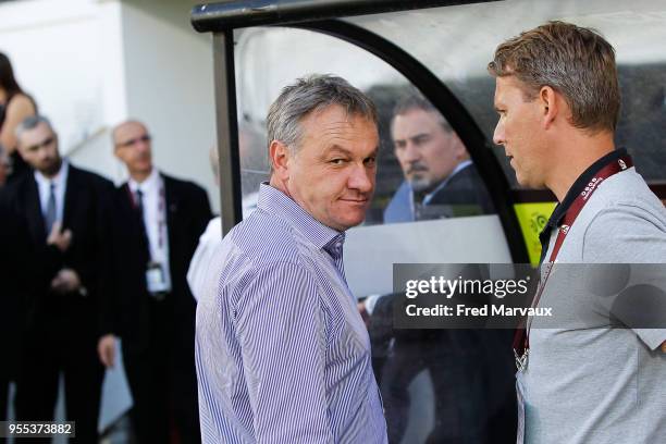 Frederic Hantz head coach of Metz looks dejected during the Ligue 1 match between Metz and Angers SCO at on May 6, 2018 in Metz, .