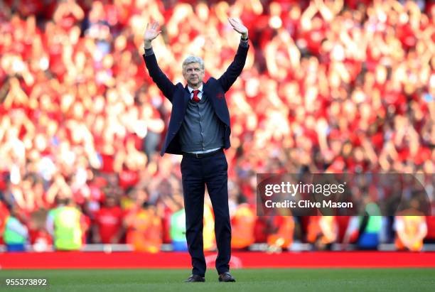 Arsene Wenger, Manager of Arsenal shows appreciation to the fans after the Premier League match between Arsenal and Burnley at Emirates Stadium on...