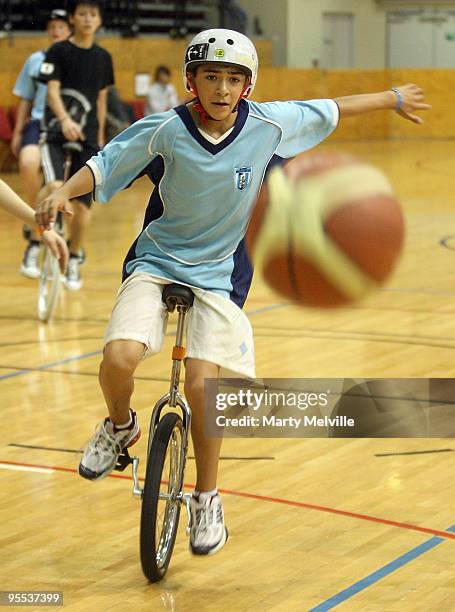 Ruben Ingwersen of Australia misses a pass during the Australia v Japan Unicycle Basketball game at the TSB Arena on January 3, 2010 in Wellington,...
