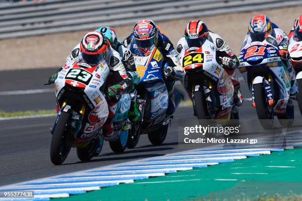 Niccolo Antonelli of Italy and Sic 58 Squadra Corse Honda leads the field during the Moto3 race during the MotoGp of Spain - Race at Circuito de...