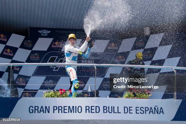 Lorenzo Balbassarri of Italy and Pons HP40 celebrates the Moto2 victory on the podium at the end of the Moto2 race during the MotoGp of Spain - Race...