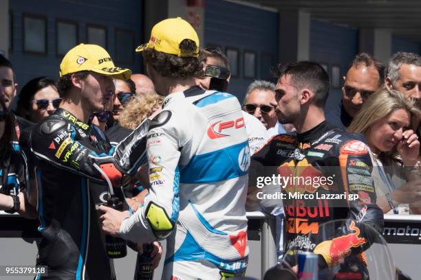 Francesco Bagnaia of Italy and Sky Racing Team VR46, Lorenzo Balbassarri of Italy and Pons HP40 and Miguel Oliveira of Portugal and Red Bull KTM Ajo...