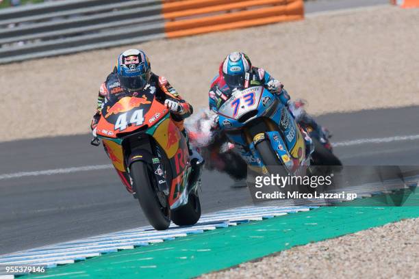 Miguel Oliveira of Portugal and Red Bull KTM Ajo leads the field during the Moto2 race during the MotoGp of Spain - Race at Circuito de Jerez on May...