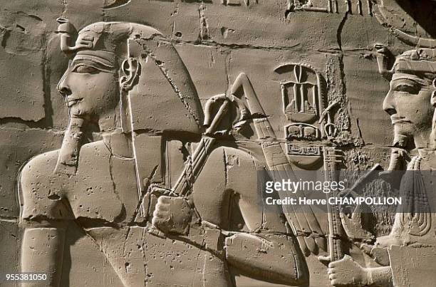 Temple of Luxor, Ramses II and Ptah, a god having created the world by its verb. His hands holding the ouas sceptre , the djed pillar and the ankh...