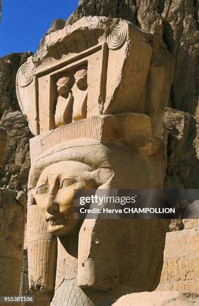 The Temple of Hatshepsut at Deir el-Bahari. West Thebes. The sistrum column was the prototype of Hathoric capitals. Along with the face of Hathor is...