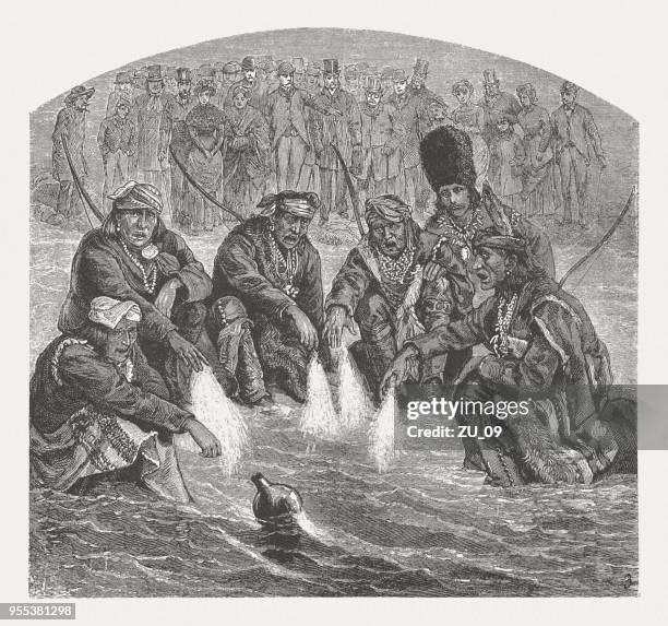 frank hamilton cushing at the zuni indians, woodcut, published 1888 - zuni stock illustrations