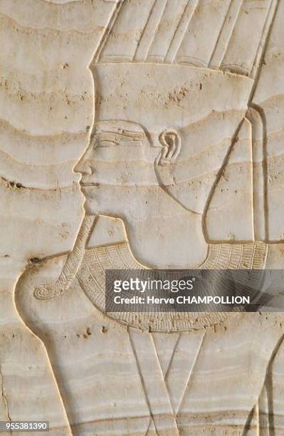 The Temple of Amon Re at Karnak. East Thebes. Detail of a relief in the chapel of Amenophis 1st, sculpted in a very fragile, veined, crystalline...