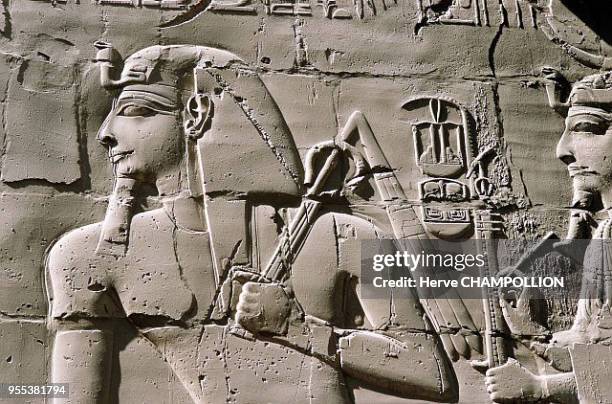 Temple of Luxor, Ramses II and Ptah, a god having created the world by its verb. His hands holding the ouas sceptre , the djed pillar and the ankh...