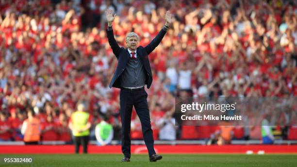 Arsenal manager Arsene Wenger says goodbye to the Arsenal fans after 22 years at the helm at the end of the Premier League match between Arsenal and...