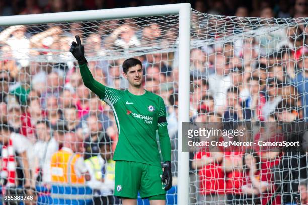 Chelsea's Thibaut Courtois during the Premier League match between Chelsea and Liverpool at Stamford Bridge on May 6, 2018 in London, England.