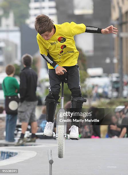 Peter Madsen of Denmark makes a jump in the Street competition during the Unicon Unicycle Championships at the TSB Arena on January 3, 2010 in...
