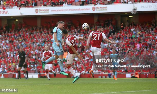 Burnley's Sam Vokes goes close with a second half header during the Premier League match between Arsenal and Burnley at Emirates Stadium on May 6,...