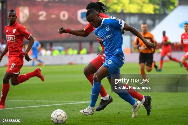 Ally Mbwana Samatta forward of KRC Genk, Christian Luyindama midfielder of Standard Liege during the Jupiler Pro League play off 1 match between R....