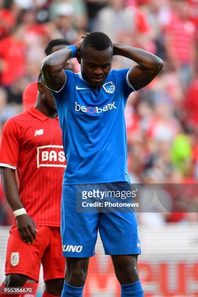 Ally Mbwana Samatta forward of KRC Genk during the Jupiler Pro League play off 1 match between R. Standard de Liege and KRC Genk on May 06, 2018 in...