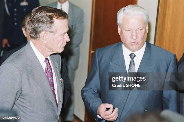 President George H. W. Bush and Boris Yeltsin during a Soviet-American summit meeting at the Novo-Ogaryovo estate, a Presidential residence near...