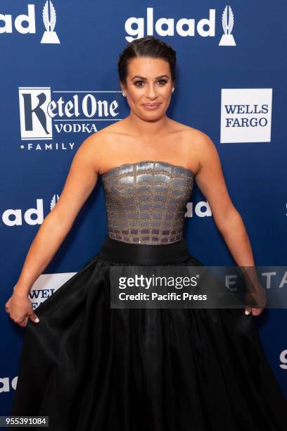 Lea Michele wearing dress by Reem Acra attends the 29th Annual GLAAD Media Awards at Hilton Midtown.