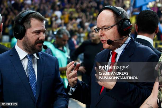 Prince Albert II of Monaco gives an interview ahead of the final four Champions League final basketball game between AS Monaco and AEK Athens at the...