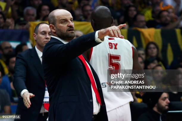 Monaco's head coach Zvezdan Mitrovic gestures during the final four Champions League final basketball game between AS Monaco and AEK Athens at the...