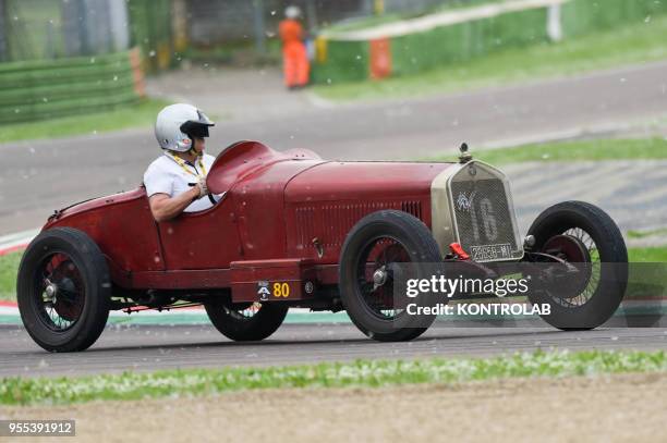 An old Alfa Romeo race car during Minardi Day in Imola. During this demonstration, the historic cars of Formula 1, Formula 2, Formula 3, Gran Turismo...