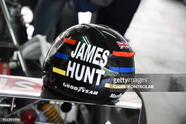 James Hunt's helmet during Minardi Day in Imola. During this demonstration, the historic cars of Formula 1, Formula 2, Formula 3, Gran Turismo and...