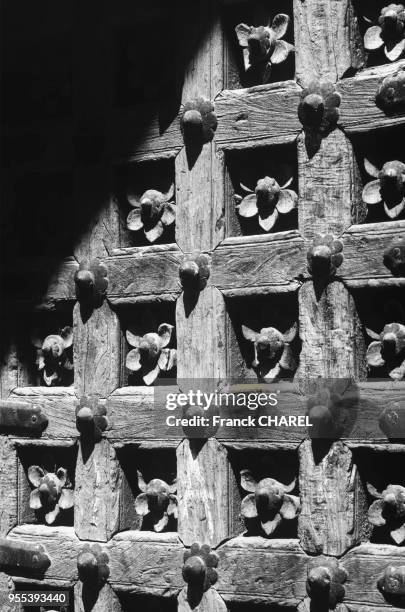 Détail d'une porte en bois du Taj Mahal à Agra, Inde.