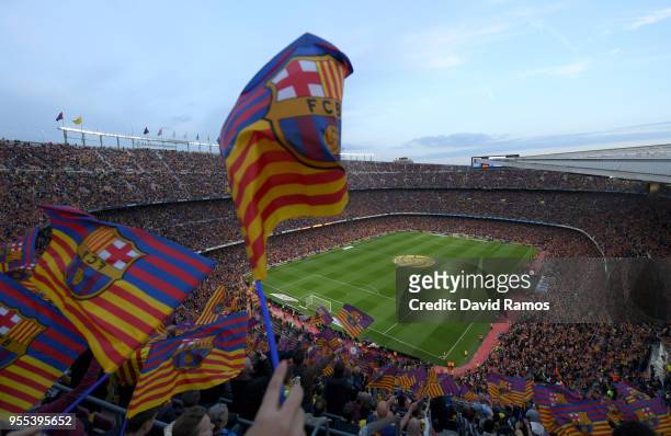 General view as Barcelona fans show their support prior to the La Liga match between Barcelona and Real Madrid at Camp Nou on May 6, 2018 in...
