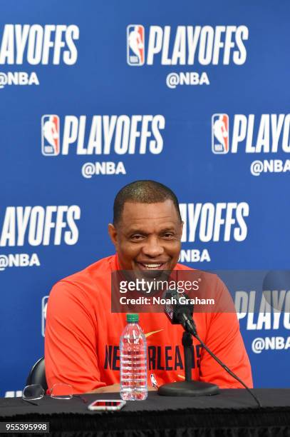 Head Coach Alvin Gentry of the New Orleans Pelicans talks with media before the game against the Golden State Warriors during Game Four of the...