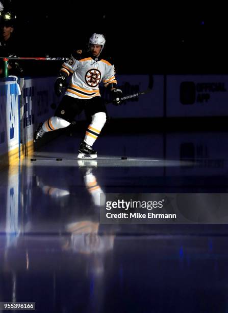 Brad Marchand of the Boston Bruins takes the ice during Game Five of the Eastern Conference Second Round against the Tampa Bay Lightning during the...