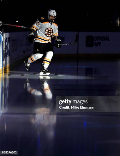 Brad Marchand of the Boston Bruins takes the ice during Game Five of the Eastern Conference Second Round against the Tampa Bay Lightning during the...