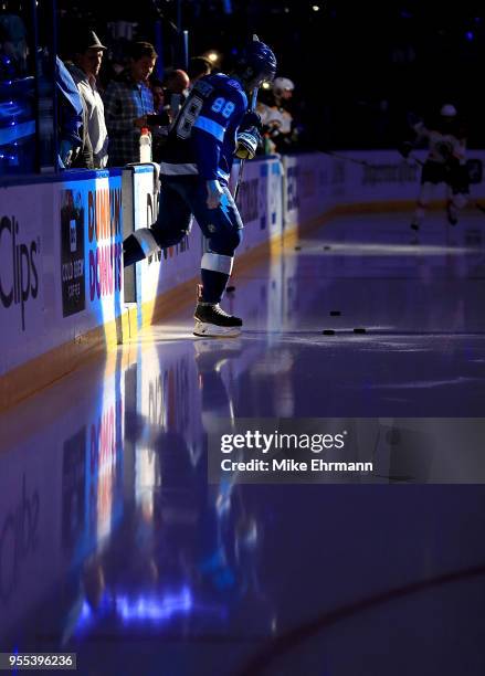 Mikhail Sergachev of the Tampa Bay Lightning warms up during Game Five of the Eastern Conference Second Round against the Boston Bruins during the...