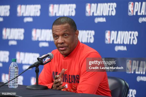 Head Coach Alvin Gentry of the New Orleans Pelicans talks to the media prior to Game Four of the Western Conference Semifinals of the 2018 NBA...