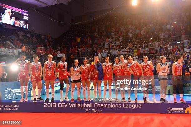 Volei Alba Blaj's players pose after winning Silver medal following the match between CS Volei Alba Blaj and VakifBank Istanbul within the CEV...