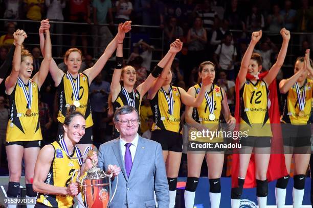 VakifBank Istanbul's Gozde Kirdar celebrates with the trophy after winning the Gold medal following the match between CS Volei Alba Blaj and...