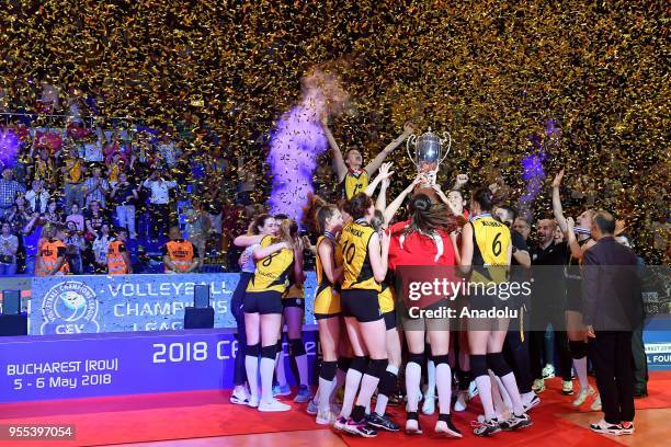 VakifBank Istanbul's players celebrate with the trophy after winning the Gold medal following the match between CS Volei Alba Blaj and VakifBank...